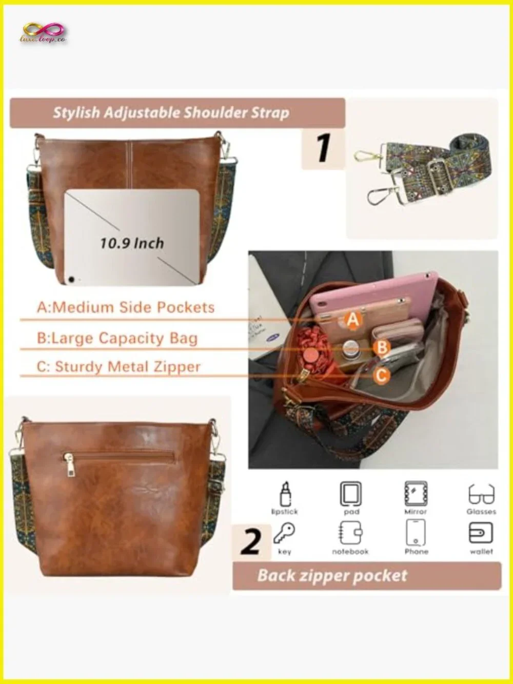 Chic Vegan Leather Hobo Bag Crossbody Shoulder Purse Zipper Women Handbag